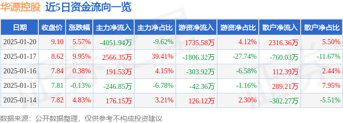 华源控股（002787）1月20日主力资金净卖出405194万元(图1)