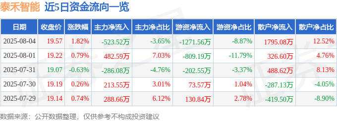 股票行情快报：泰禾智能（603656）8月4日主力资金净卖出52352万元(图1)